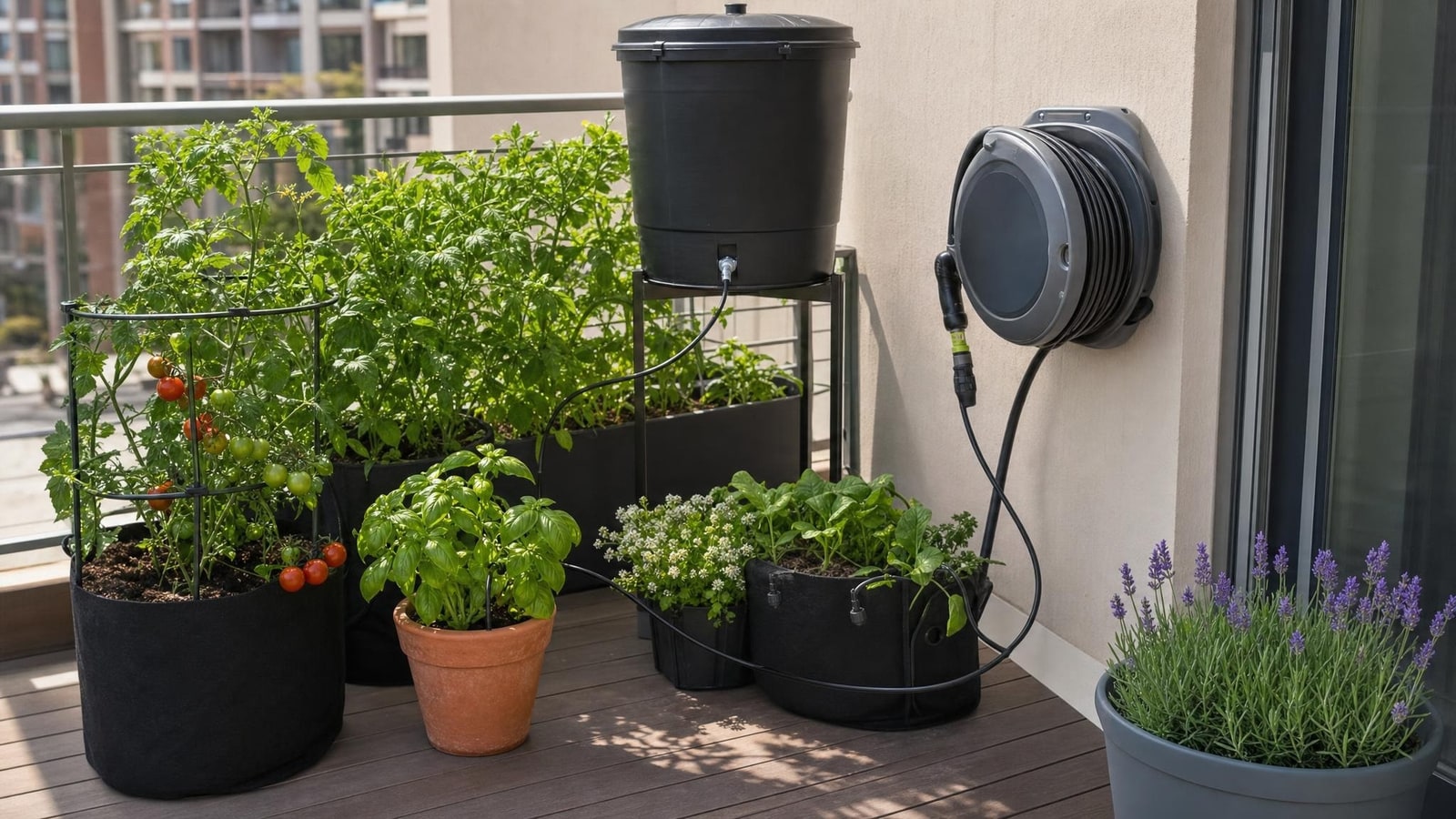 A small balcony garden with several healthy potted plants and a generic gravity-fed watering setup