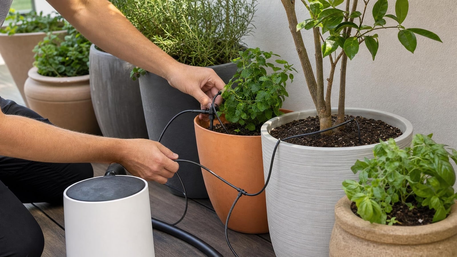 Hands checking soil moisture and adjusting unbranded drip lines between differently sized pots