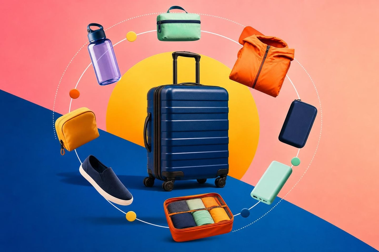 Colorful generic carry-on surrounded by a limited orbit of practical travel object silhouettes