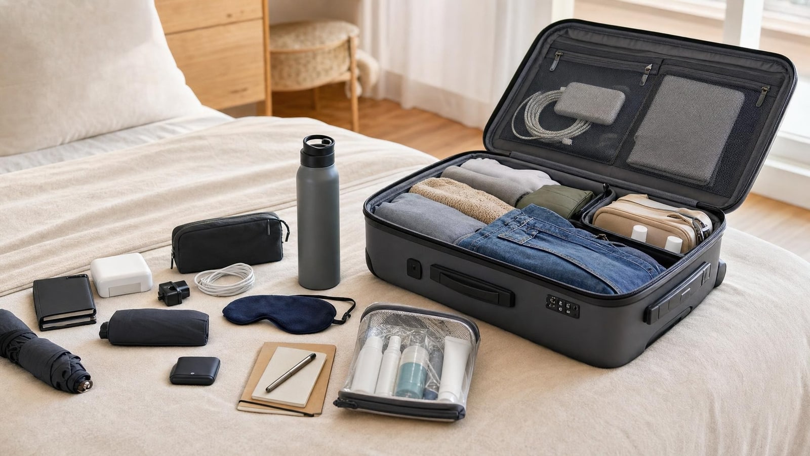 An open carry-on on a bed with neatly grouped generic travel essentials and ample negative space