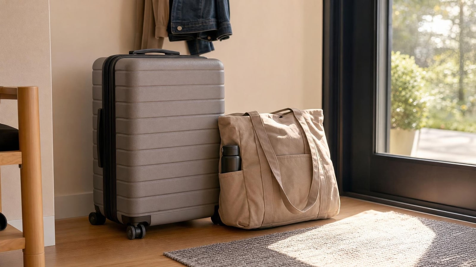 A calm, closed carry-on beside a tidy personal item near a sunlit doorway, ready to leave