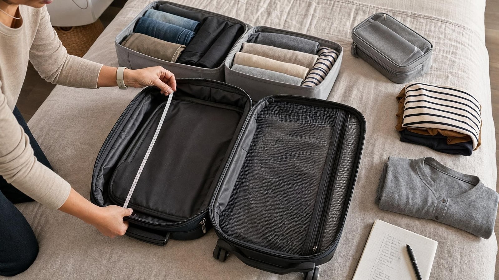 Hands sorting clothing into plain organizers beside a written, illegible checklist and measuring the bag interior