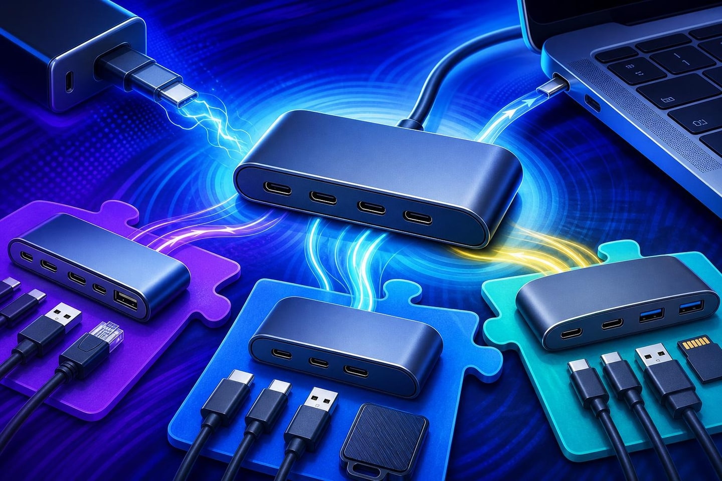 Electric blue editorial collage of generic USB-C ports, cables, and compact hub forms in motion