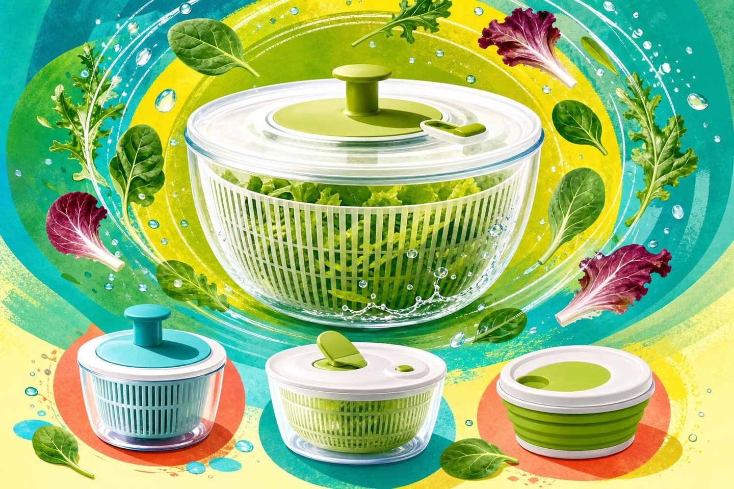 Bright green and yellow spiral of leafy greens around a generic salad spinner form