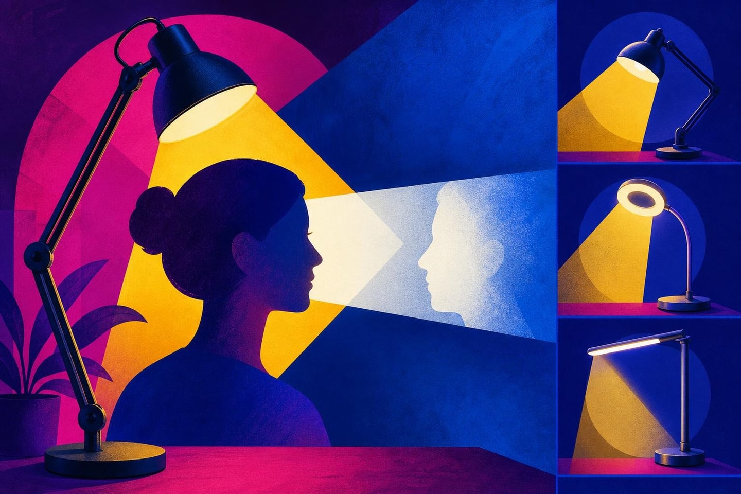 Luminous color-block illustration of a generic desk lamp directing warm light toward a video-call silhouette