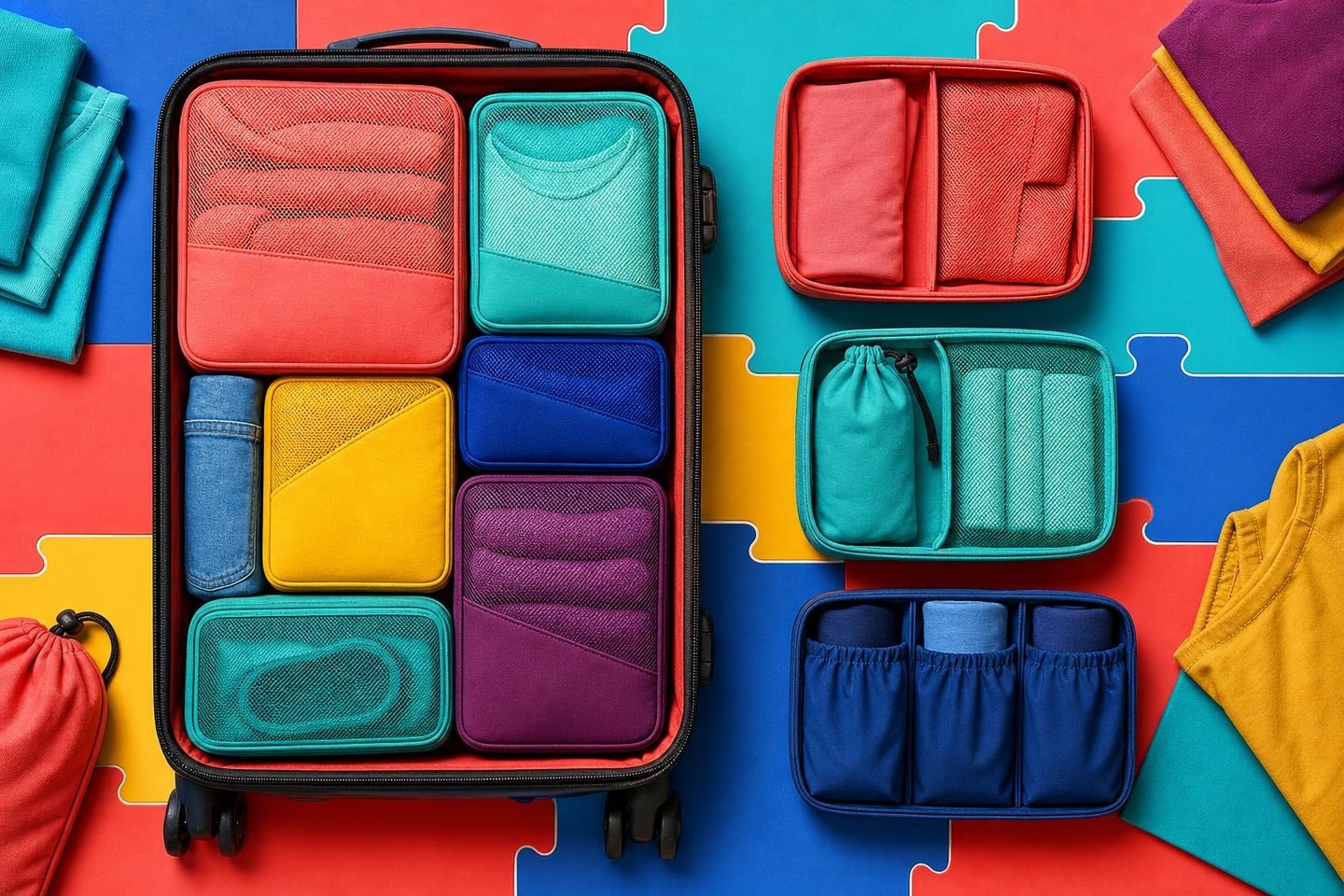 Vivid top-down suitcase composition filled with modular generic packing organizers