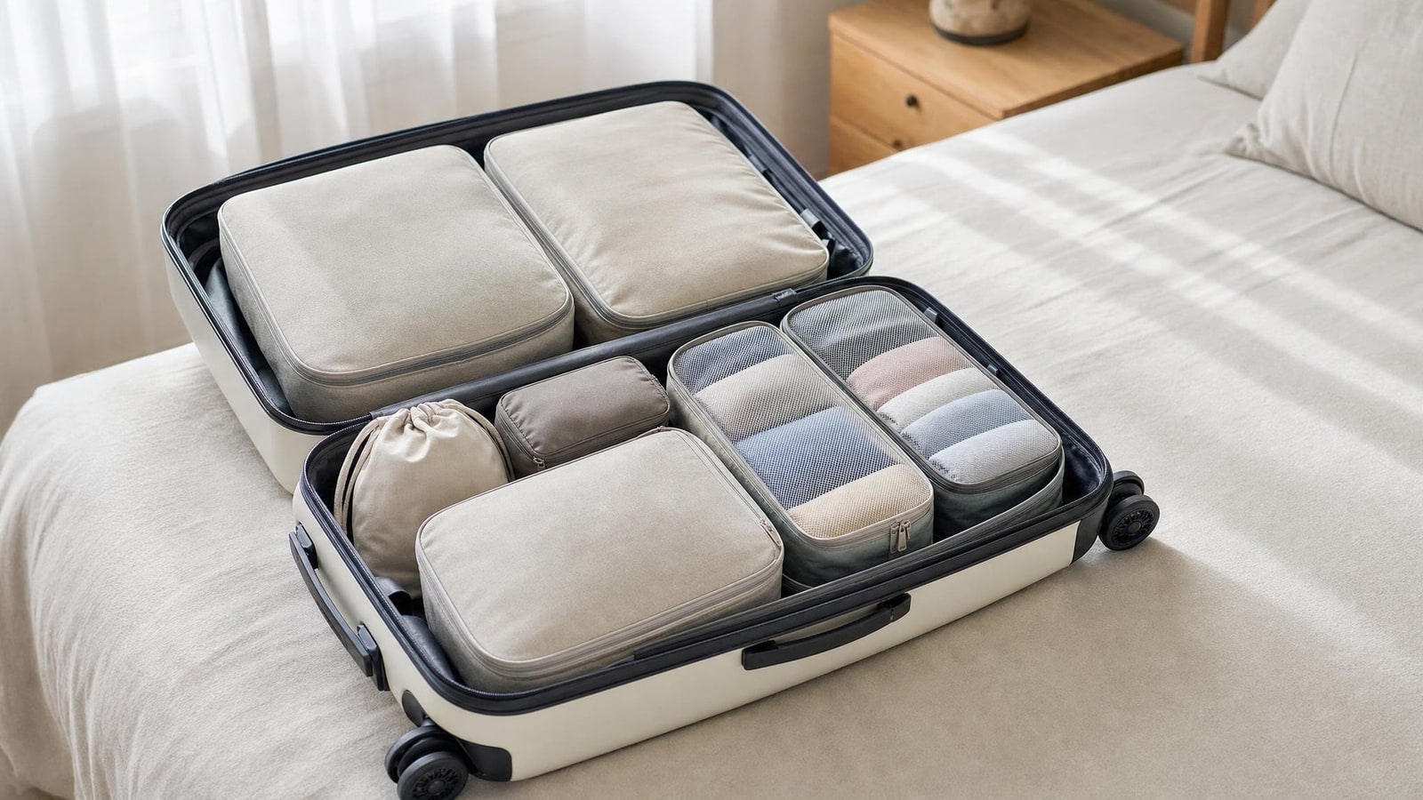 An open generic suitcase on a bed with a few plain fabric organizers arranged as measured packing zones, realistic home daylight and ample negative space
