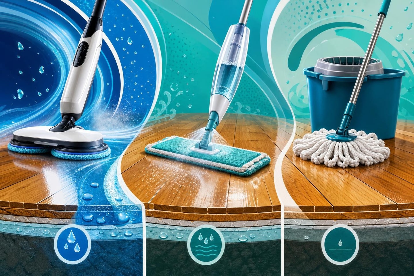 Crisp blue and teal cleaning-motion composition with generic floor tools across a warm wood surface