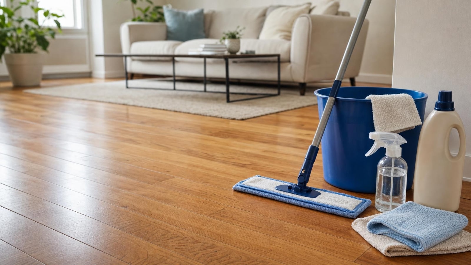 A bright living room with natural hardwood flooring and a small generic cleaning kit staged at the edge