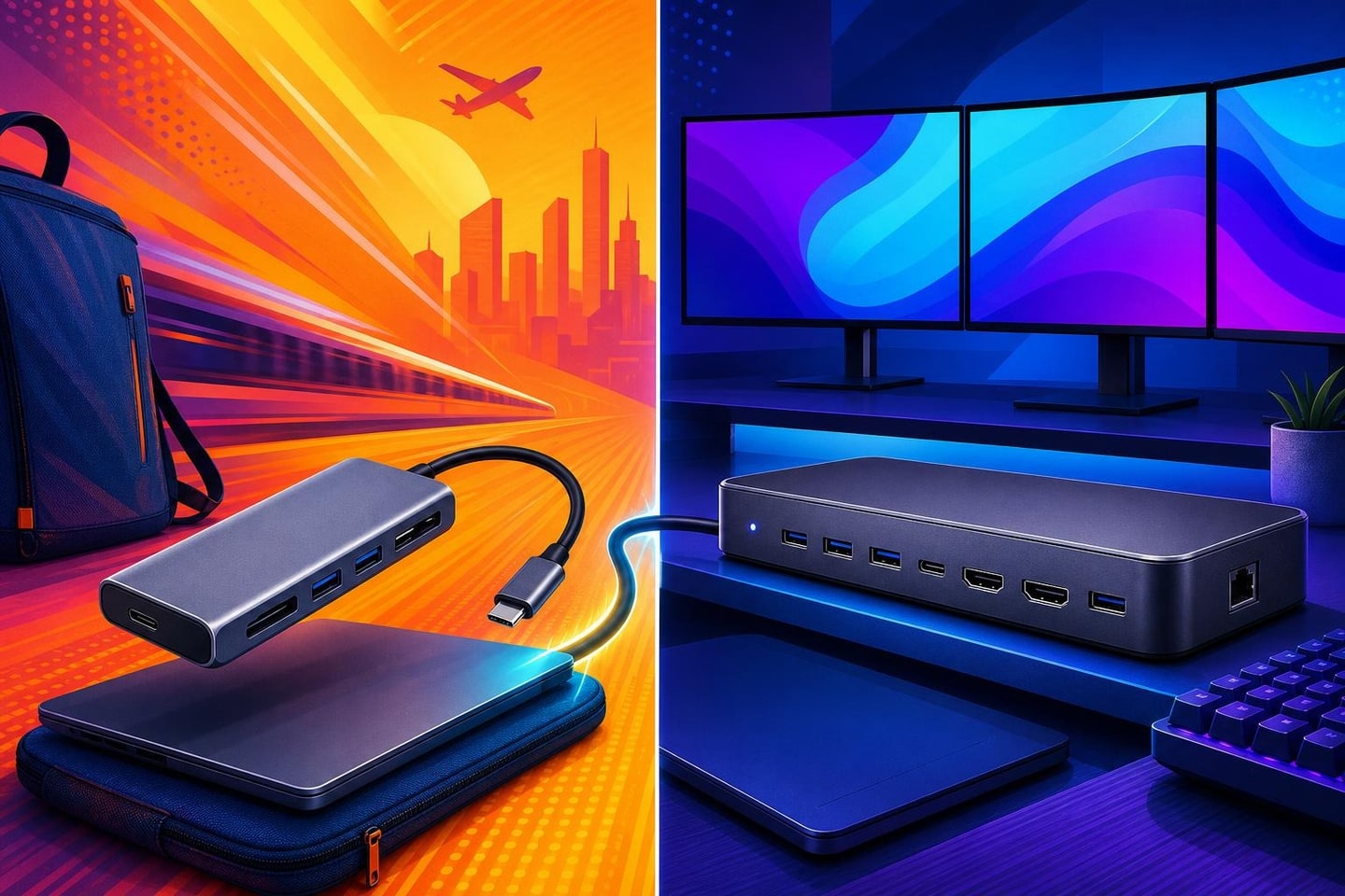 Electric orange and blue split composition comparing a portable generic hub with a fixed desk dock