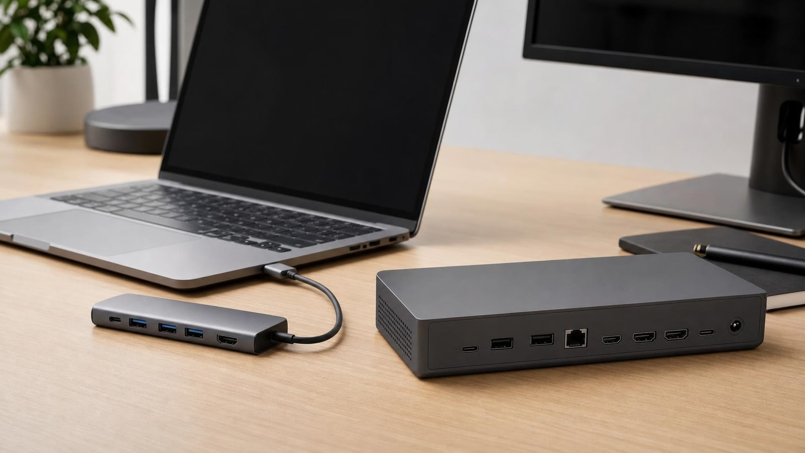 A laptop desk with a compact generic USB-C hub and a larger generic desktop dock shown as distinct options