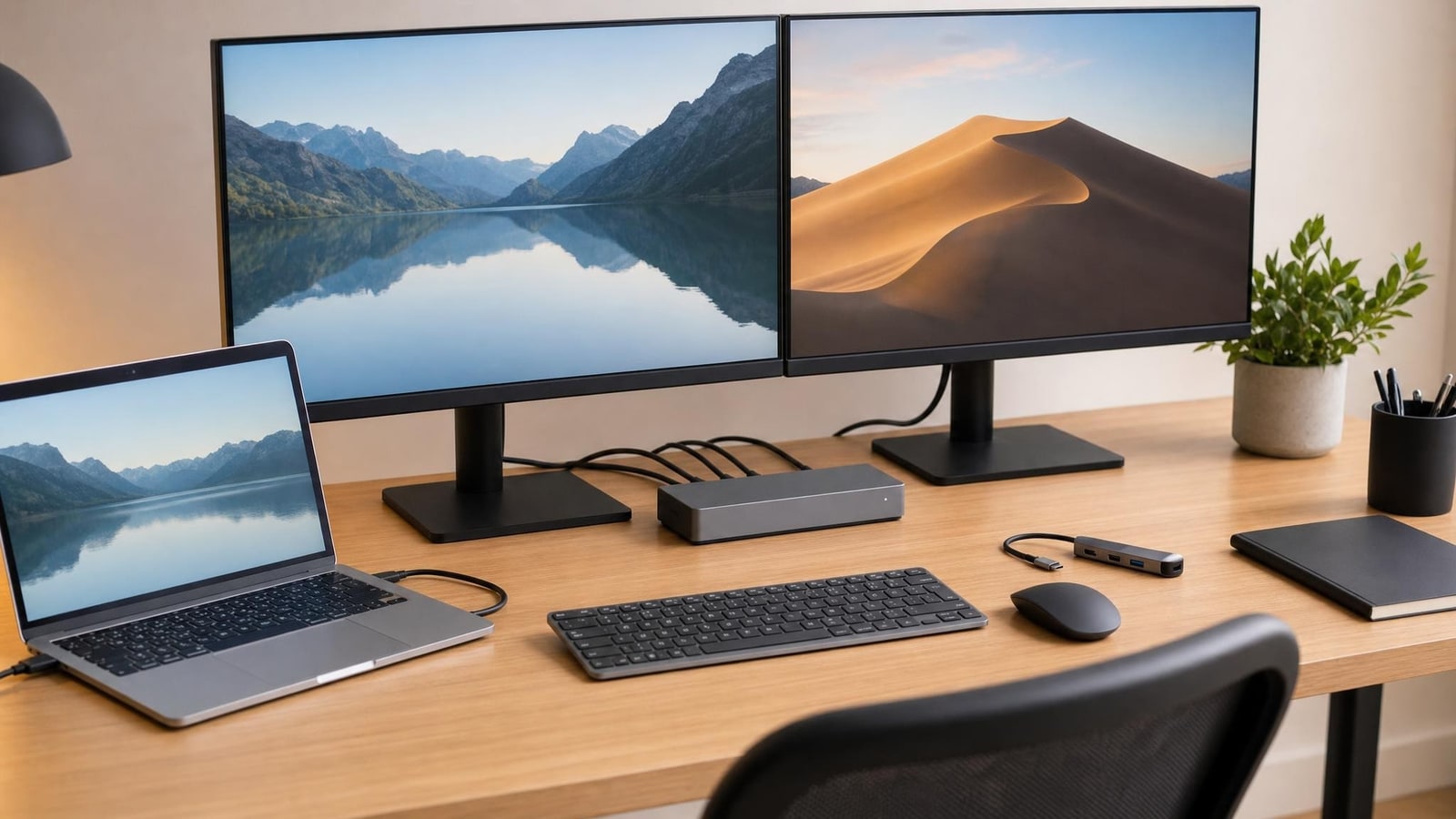 A clean dual-purpose desk with stable monitor connections and one accessible portable hub