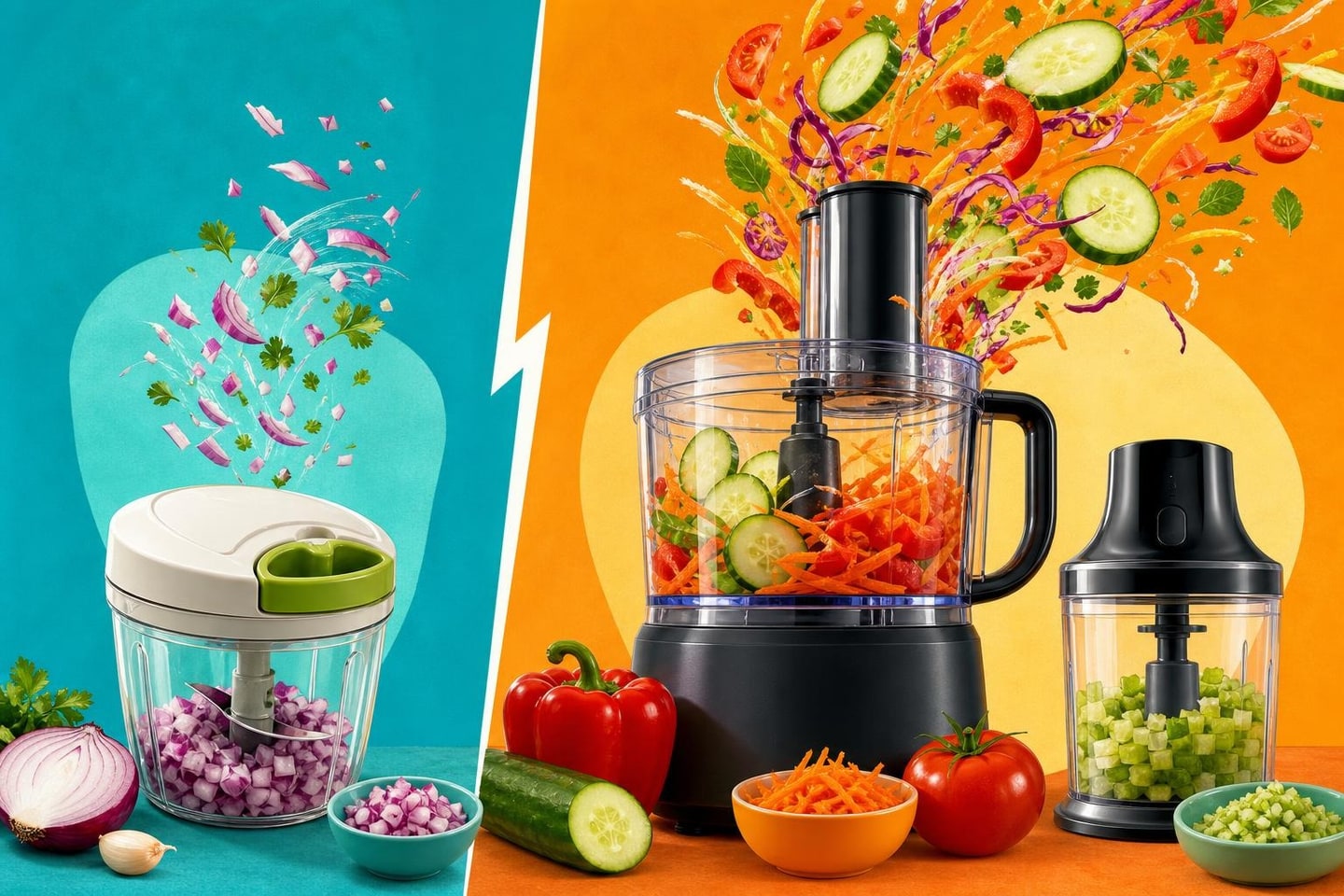 Bright split editorial composition of generic compact chopper and larger food-processor forms with vegetables