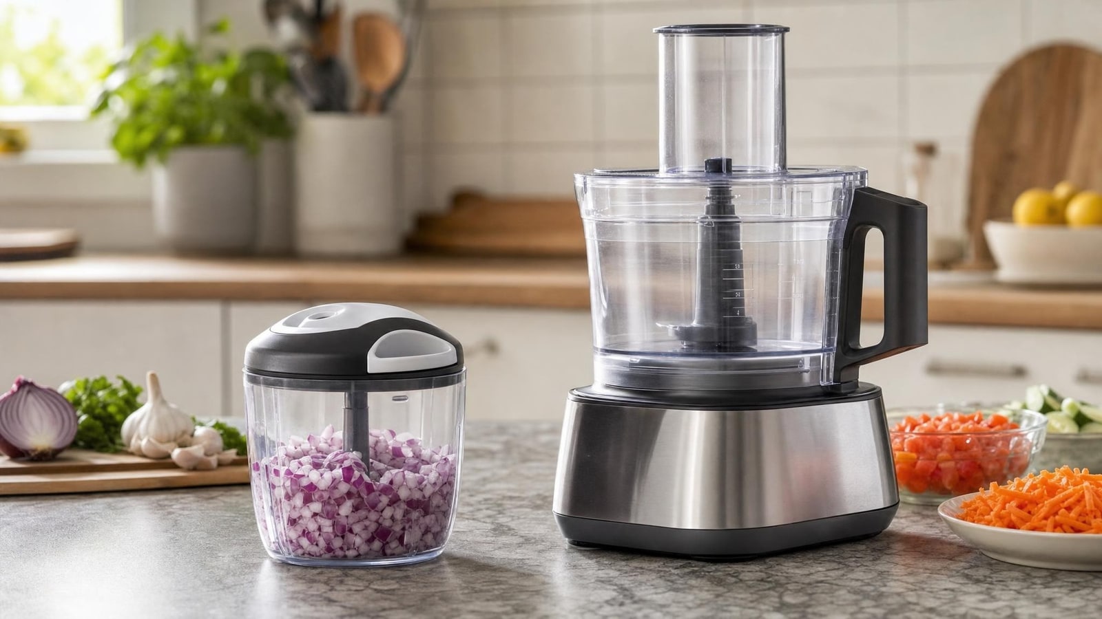 A home kitchen counter with a small manual chopper and a larger generic food processor shape, both unbranded