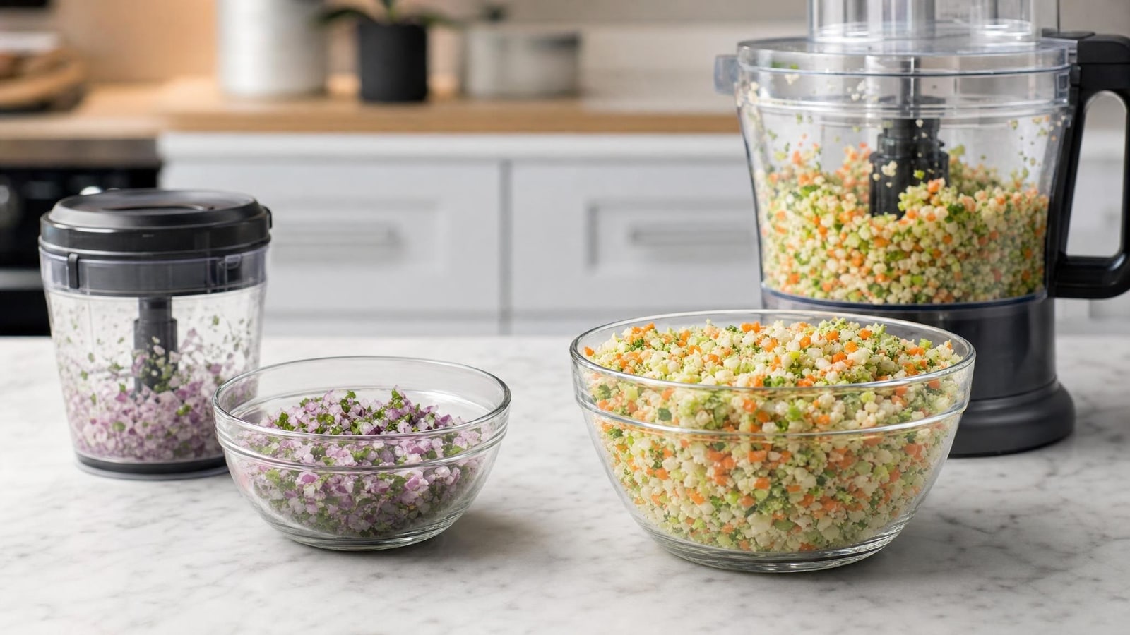 Two finished bowls showing a small chopped garnish and a larger evenly prepared vegetable batch