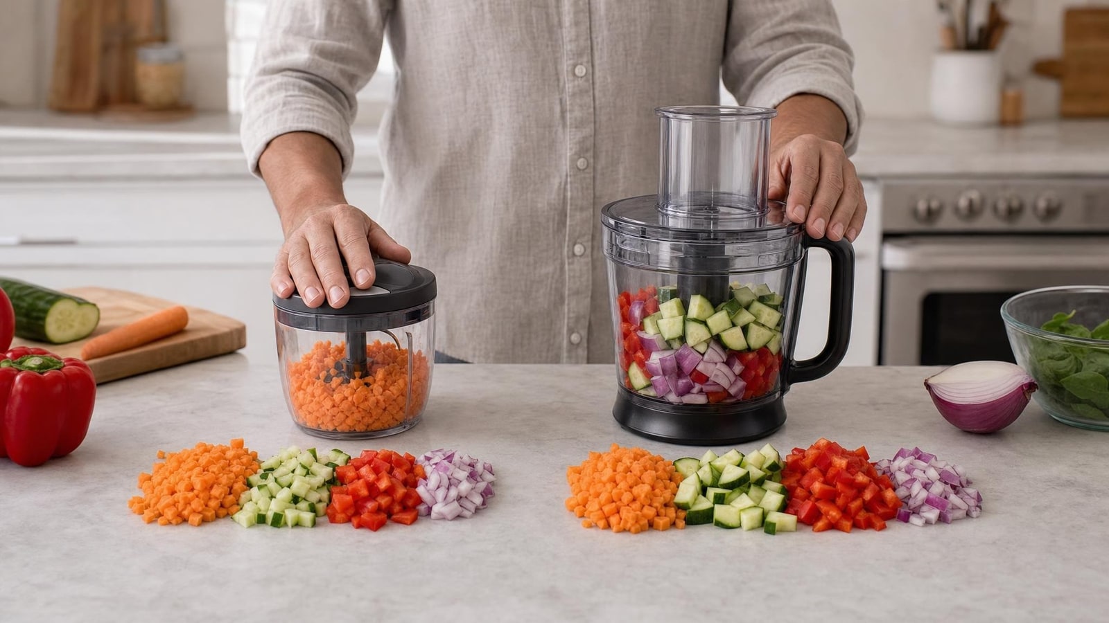 Hands preparing equal piles of vegetables and matching tool size to batch size before processing