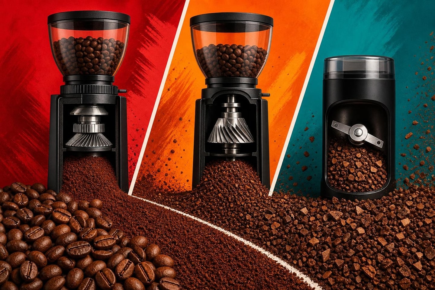 Bold red, orange, and teal comparison of generic burr and blade grinder forms with distinct coffee textures