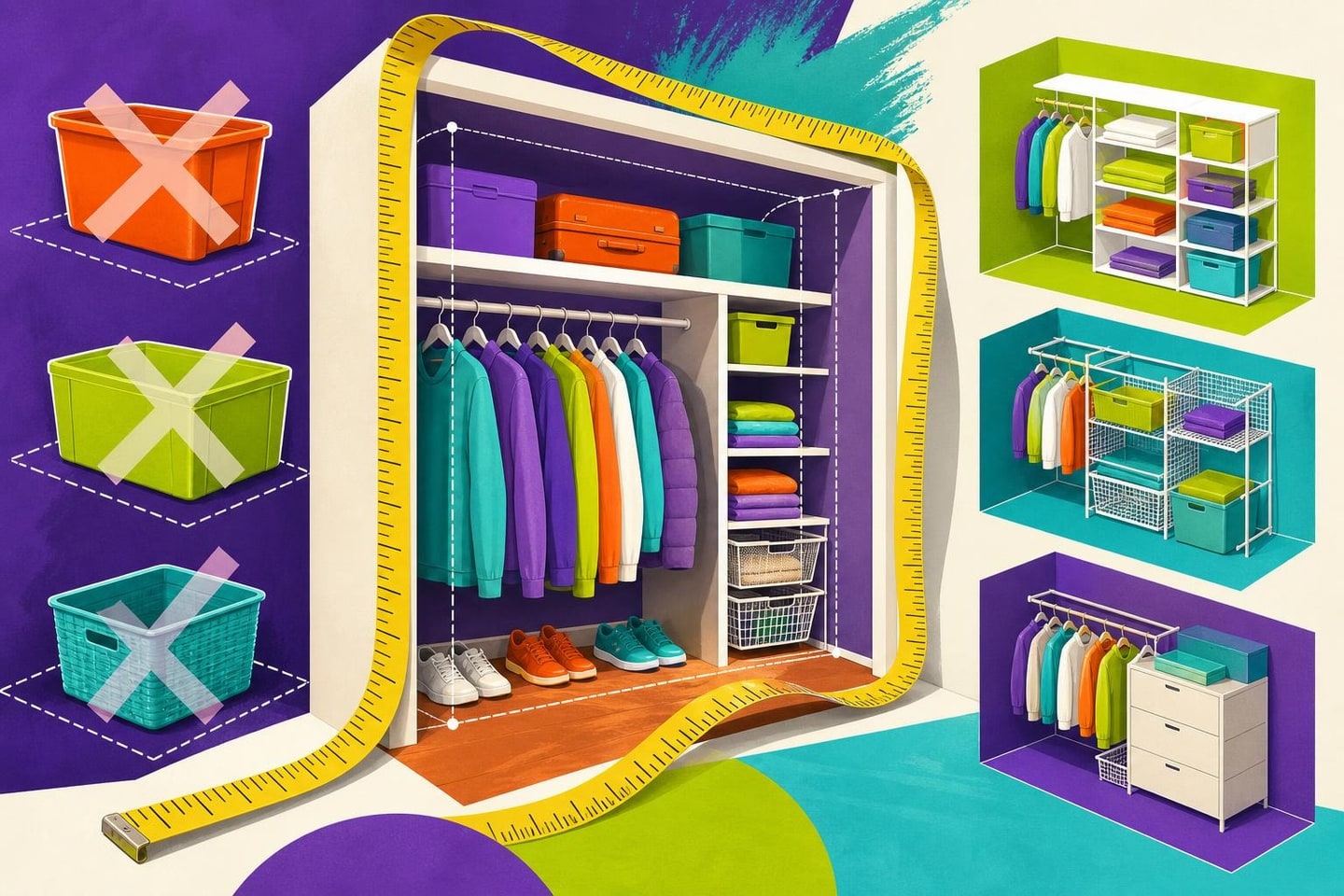 Playful violet, lime, and teal closet plan wrapped by a generic measuring tape